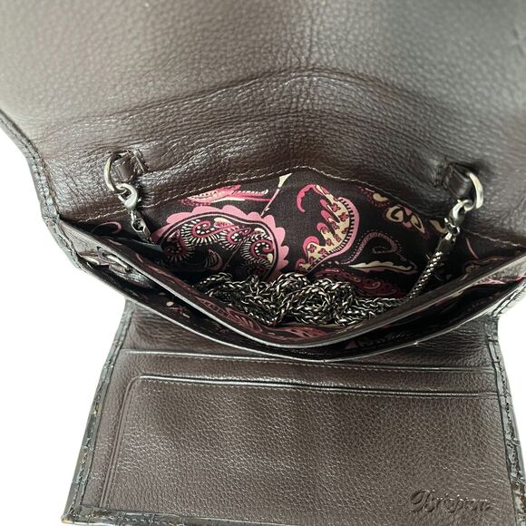 Brighton Brown Leather Croc Embossed Crossbody Silver Chain Strap Floral EUC - Picture 7 of 12